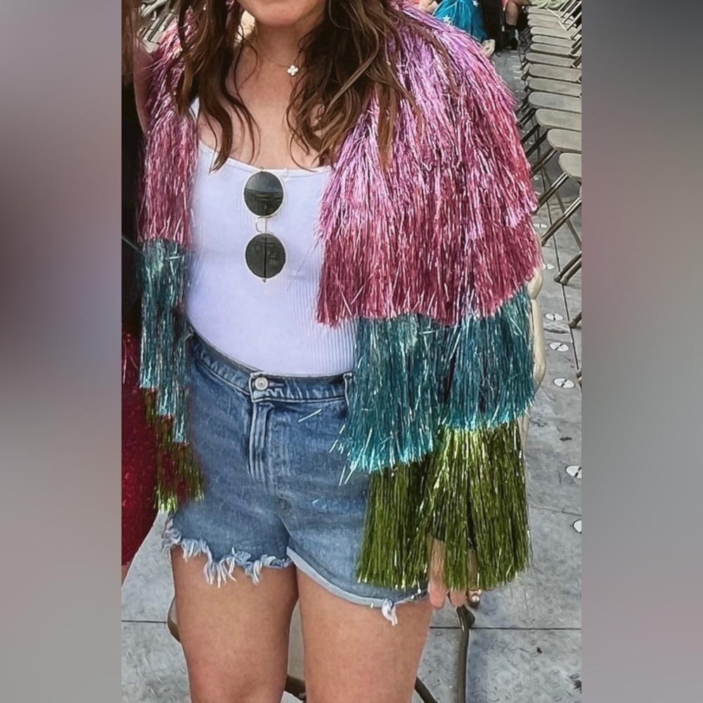 Nasty Gal Metallic Open Front Tiered Tinsel Fringe Jacket Sz 8 - Taylor Swift!